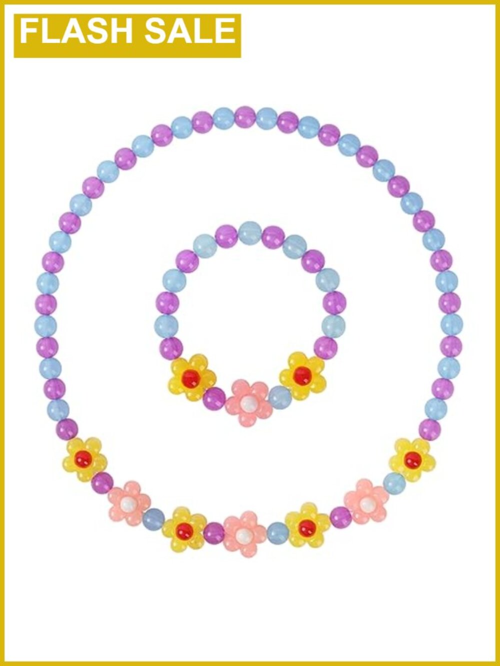 Girls Flower Beads Necklace Bracelet Set Stretchy Chunky Plastic Resin Jewelry